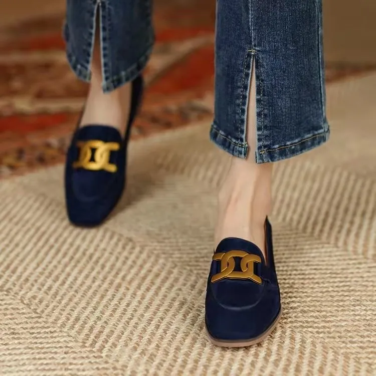 Metal buckle heel flat shoes fashion - Blue