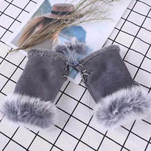 Suede Rabbit Hair Half Finger Gloves Grey - Shop at LoveMi