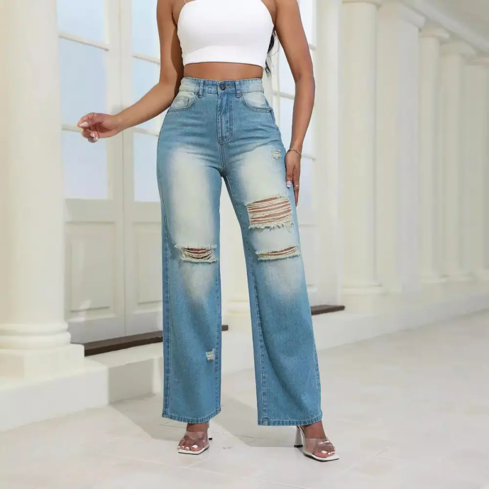 Fashion High Waist Ripped Jeans with Pockets Comfortable Slim