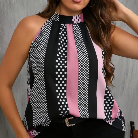 Women Contrast Polka Dot Print Casual Cold Shoulder Halter