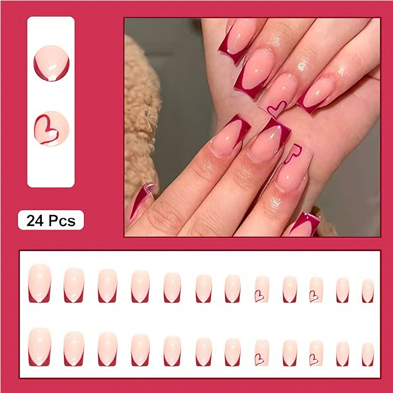 24 PCS Valentine's Day Press On Nails, French Tip Medium Square Wine Red Heart Fake Nails Natural Fit Gel Acrylic Nails, Glue On Nails False Nail Set — foto 9