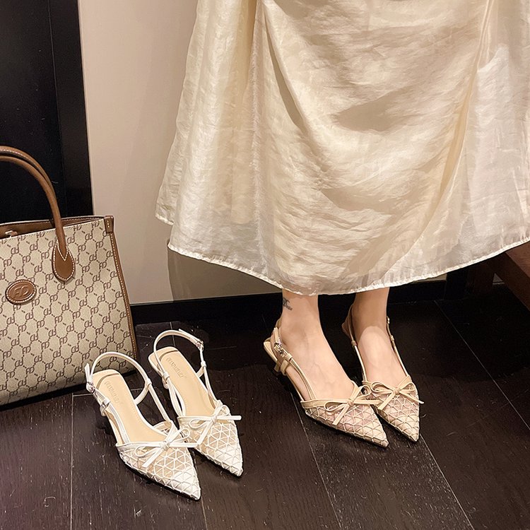 Women Gentle Romantic Transparent Grid Hollow Mesh Mini Bow Slingback Pumps, Pointed Toe Breathable Matching Casual Daily product image