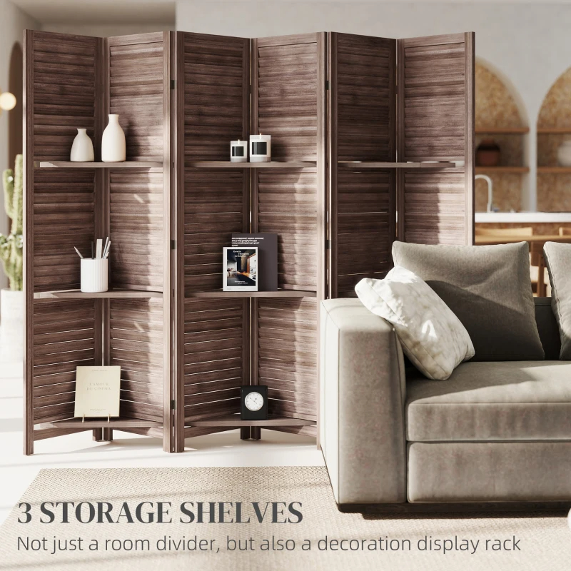 6 Panel Tall Wood Privacy Screen Room Divider With 3 Shelves And Folding Storage For Bedroom, Walnut