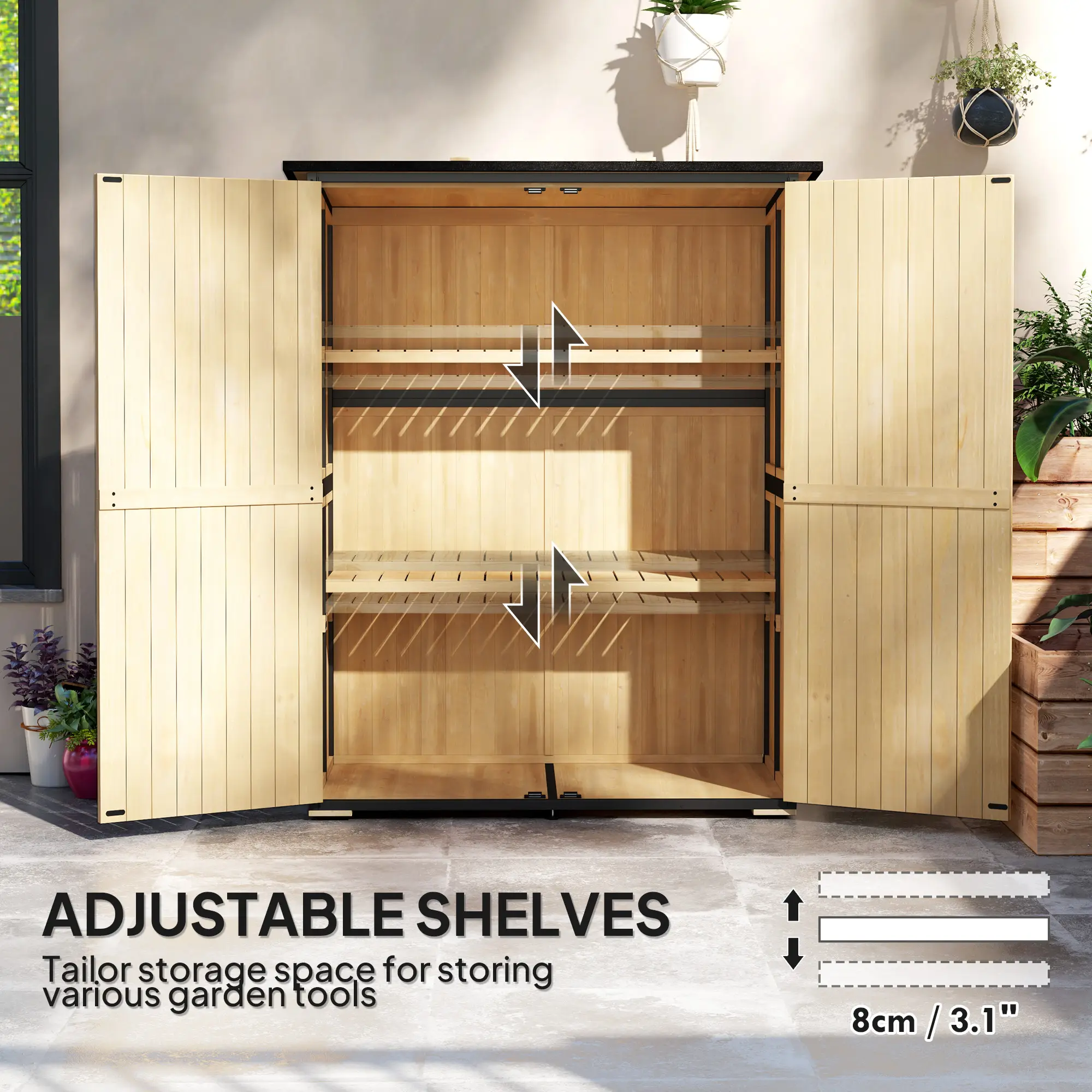 Wood Storage Shed, Outdoor Garden Shed With Asphalt Roof, 2 Shelves, Lockable Doors And Adjustable Feet, Natural