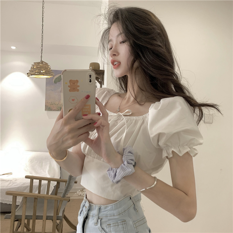 Title 1, Puff Sleeve Retro High Waist Slim Short Sleeve