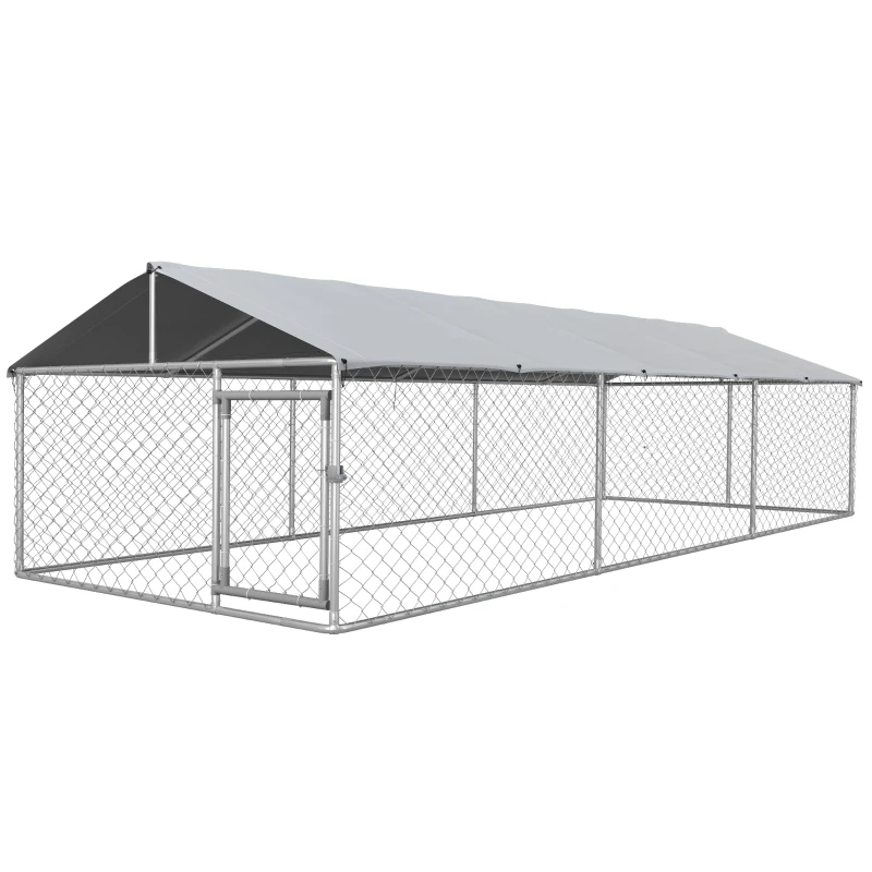 Outdoor Dog Kennel For Large-Sized Dogs With Waterproof UV Resistant Roof, Silver