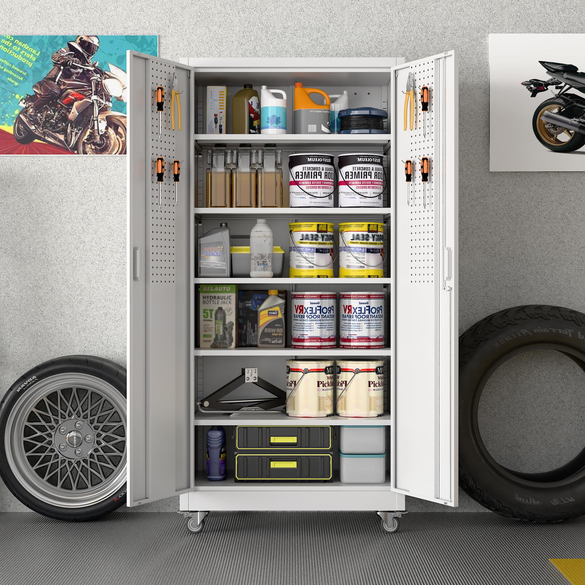 Aobabo Metal Storage Cabinet With Wheels, Steel Locking Cabinet With Pegboard Doors, Garage Cabinet For Office Pantry, 5 Adjustable Shelves White — foto 6