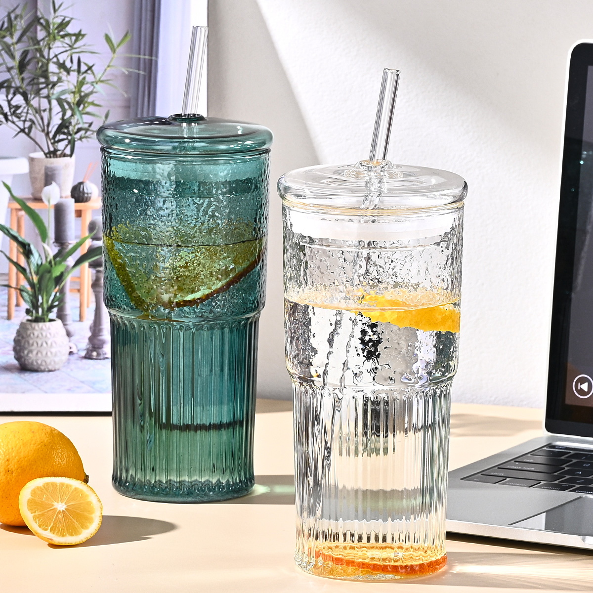 20 Oz 2-pack Green Glass Straw Cup With Vertical Pattern Cup And Lid, High Borosilicate Heat-resistant Glass Cup For Juice, Milk And Cold Drinks