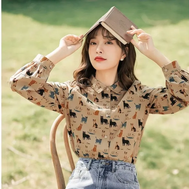 Vintage Style Printed Long sleeved Shirt Top Khaki Apricot - Shop at LoveMi