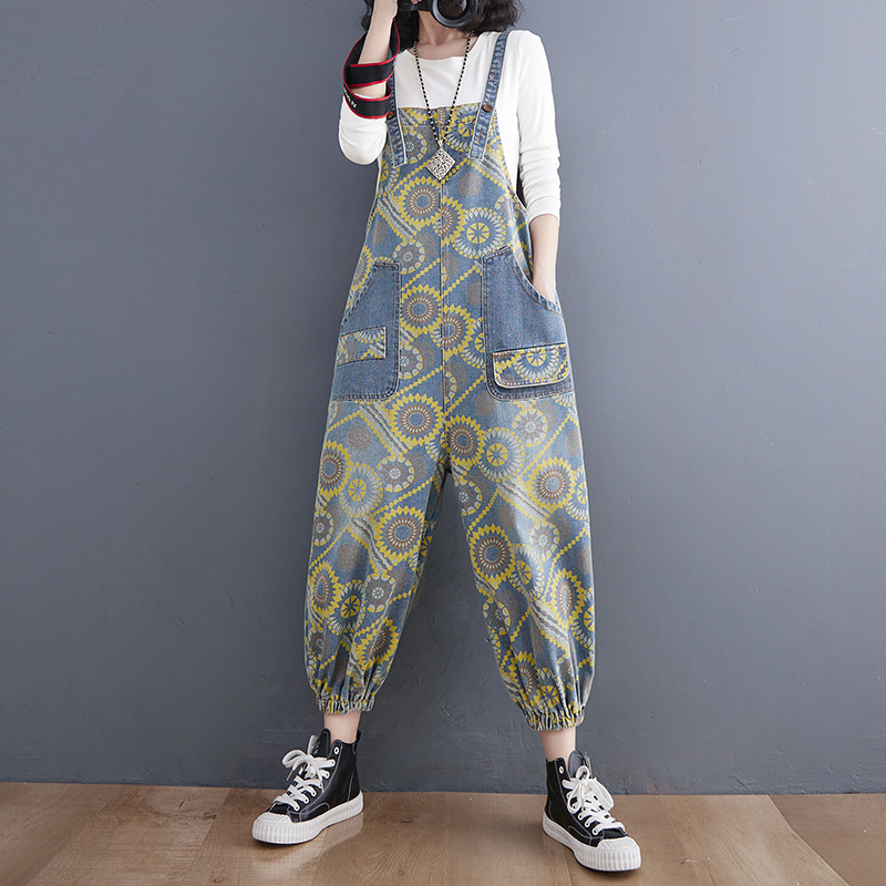 Title 3, Spring Lean Print Jean Overalls For Women