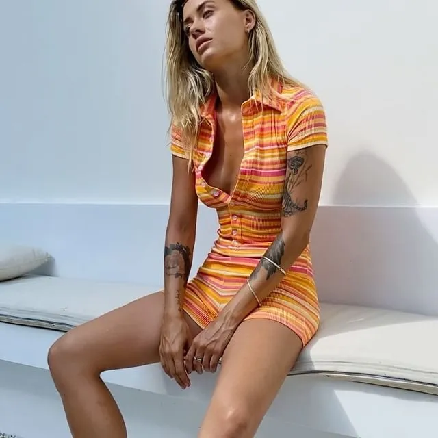 Women's Button Pit Digital Print Striped Playsuit Shorts Picture Color1 - Shop at LoveMi