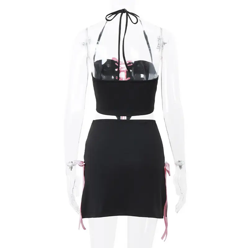 Summer Sexy Pure Desire Bow Bandage Halterneck Vest Stitching Skirt Suit