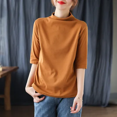 New Style Middle Sleeved Cotton T Shirt Literary Loose High Neck Bottoming Shirt Yellow - Shop at LoveMi