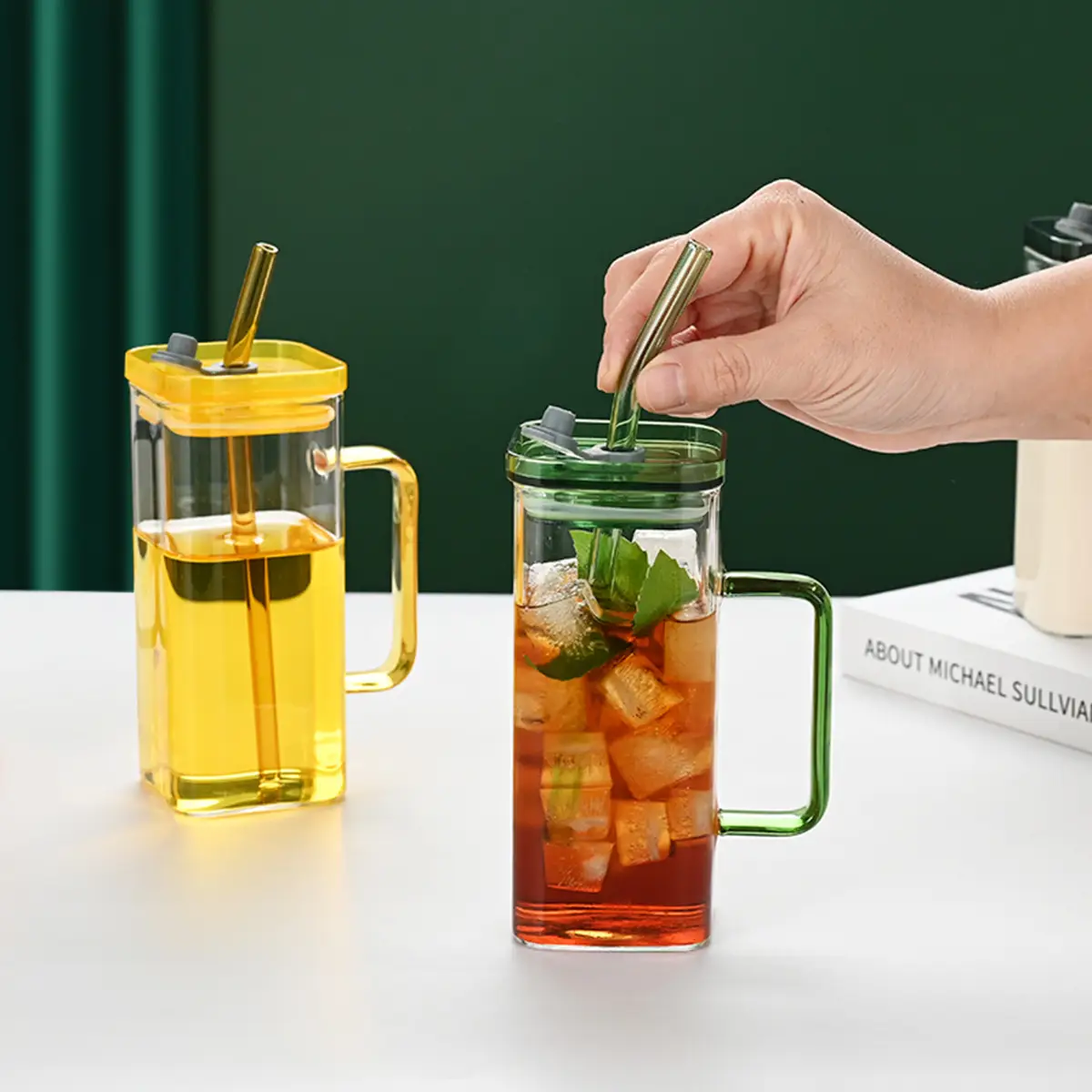 1 Pcs Transparent Glass Straw Cup, 6 Colors Square Glass Cup With Straw And Lid, High Borosilicate Glass Cup, Milk Cup, Juice Cup, Cold Drink Cup, Coffee Cup, T