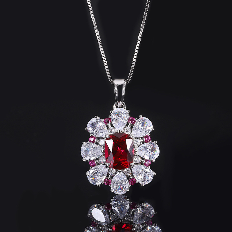 S925 Silver Jewelry Set Imitated Pigeon Blood Red Treasure Flower-shaped Ring Earring Pendant Three-piece Set