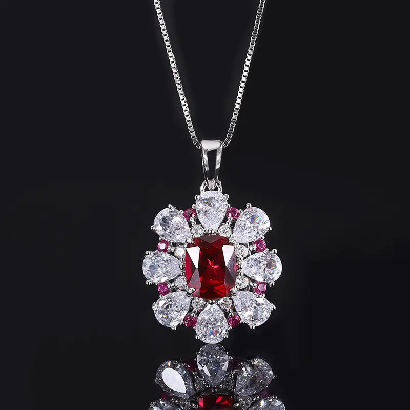 S925 Silver Jewelry Set Imitated Pigeon Blood Red Treasure Flower-shaped Ring Earring Pendant Three-piece Set