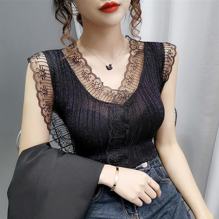 Knitted Camisole Women's Lace Bottoming Shirt Sleeveless Ice Silk Top