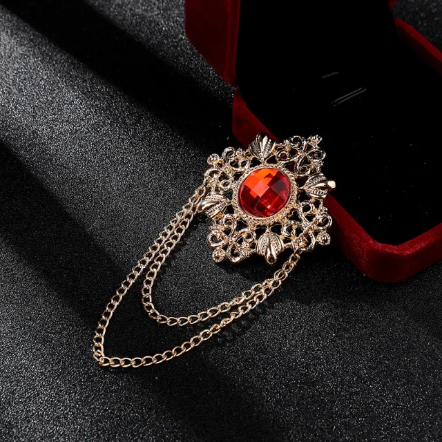 Retro Court Style Gemstone Brooch Men's Suit Golden Ruby - Shop at LoveMi