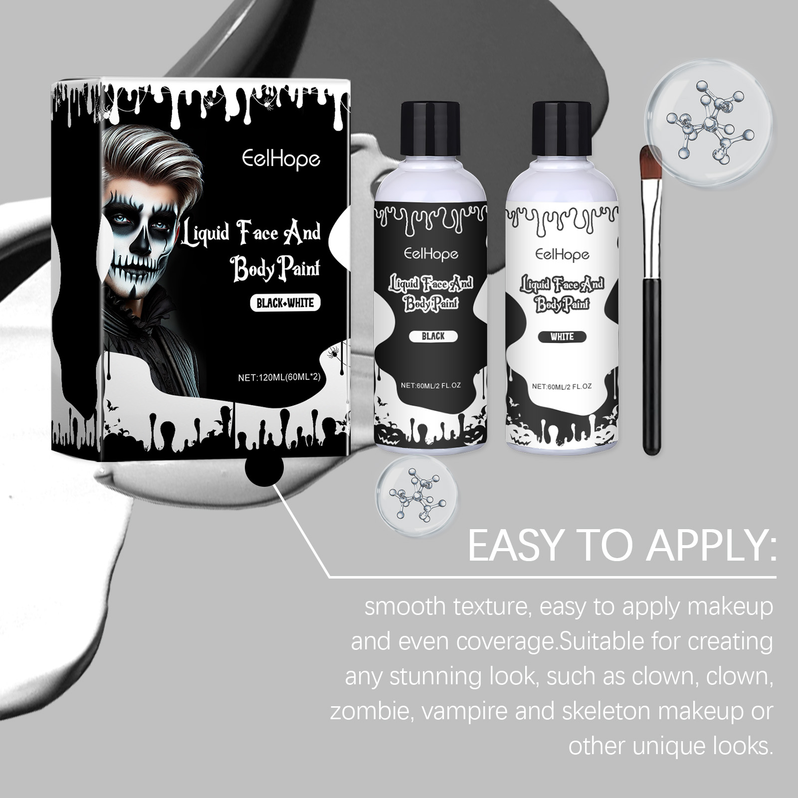 Halloween Black White Liquid Face Body Paint, Quick Dry Face Painting Kit With Brush, Long Lasting Face Paint For Halloween Skeleton Cosplay
