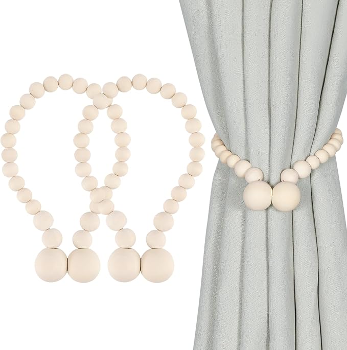 2-Pack Magnetic Curtain Tiebacks With Wood Beads, Decorative Curtain Holdbacks For Home