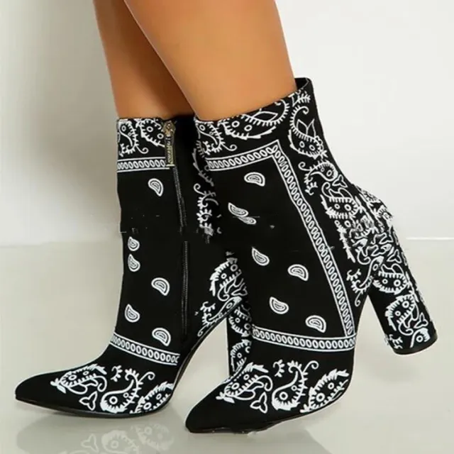 Women's Fashion Chunky Heel Pointed Toe Cashew Flower Boots Black - Shop at LoveMi