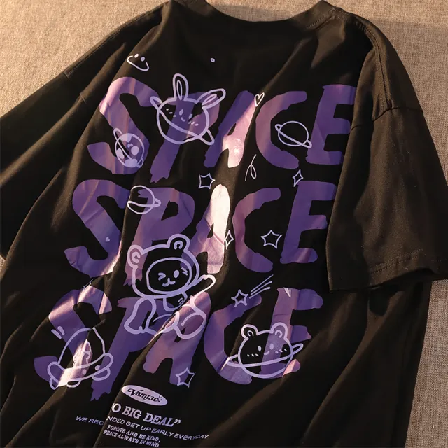 Escape From The Earth Japanese Cartoon Shortsleeved Tshirt Female Cotton Loose Couple Soft Girl Top Black - Shop at LoveMi