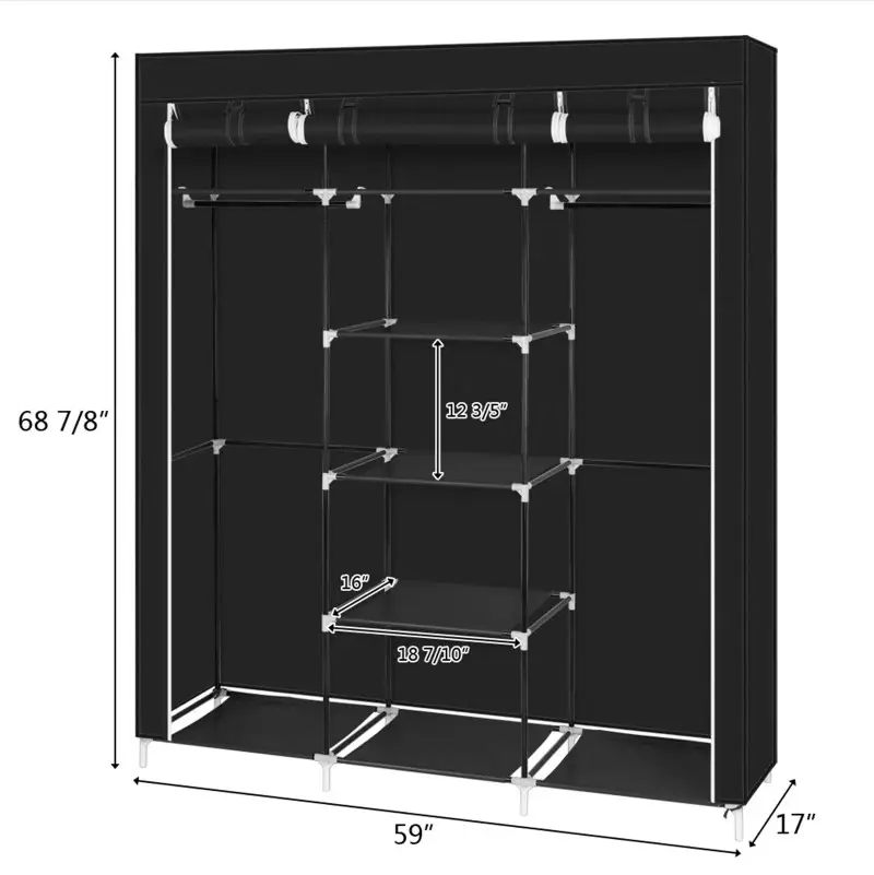 69 Inch Portable Wardrobe Double Pole Storage Rack Black