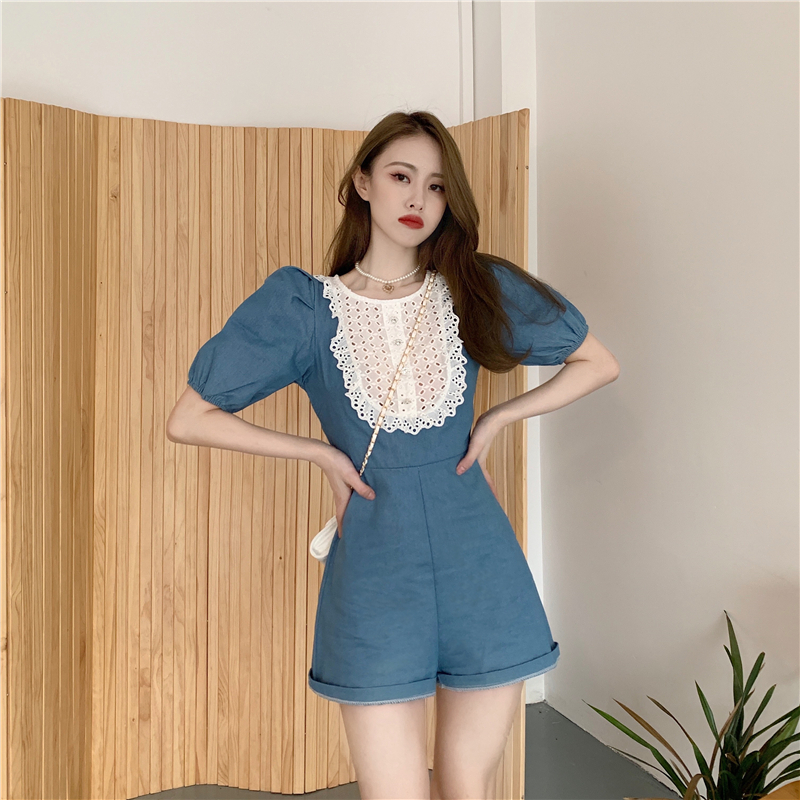 Lotus Leaf Lace Cutout Embroidery Stitching Denim Jumpsuit — image 1