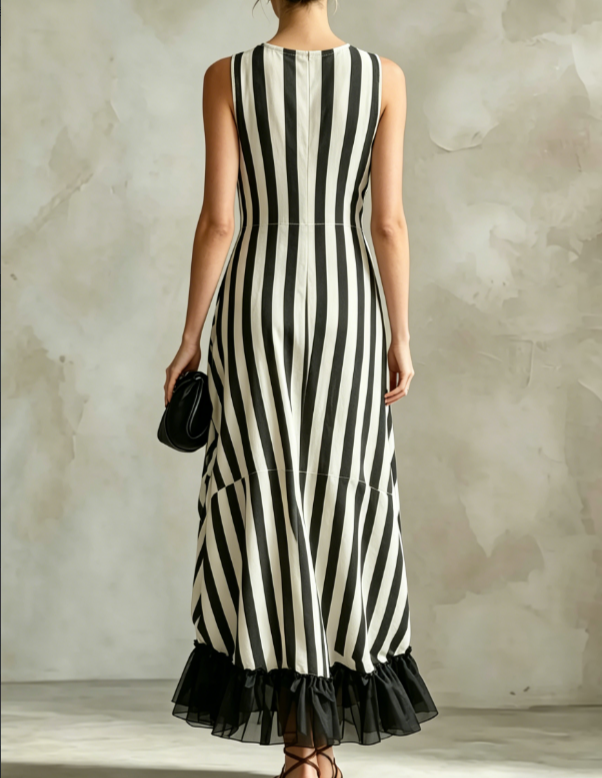 Black And White Vertical Stripe V-neck Sleeveless Patchwork Ruffle Edge Dress