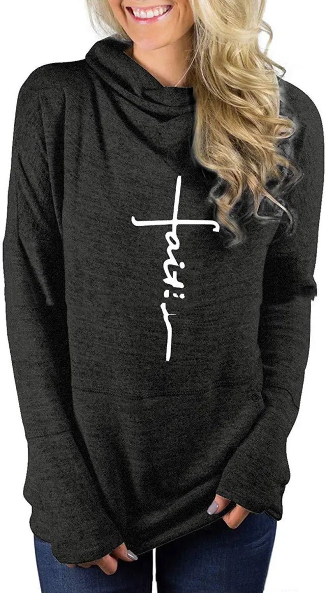 High Neck Long Sleeve Collage Pocket Blouse Women's Sweater Black Printed Cross - Shop at LoveMi