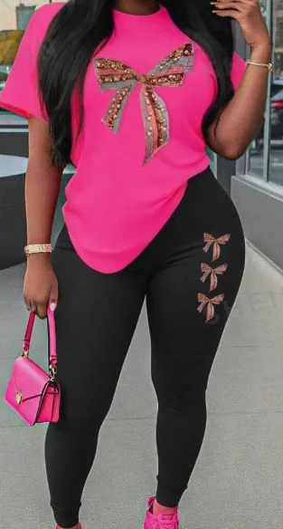 Slayr Set Women's Pearl Beaded & Bowknot & Round Neck Short Sleeve T Shirt And Pants Sexy Outfits Multicolor1 - Shop at LoveMi