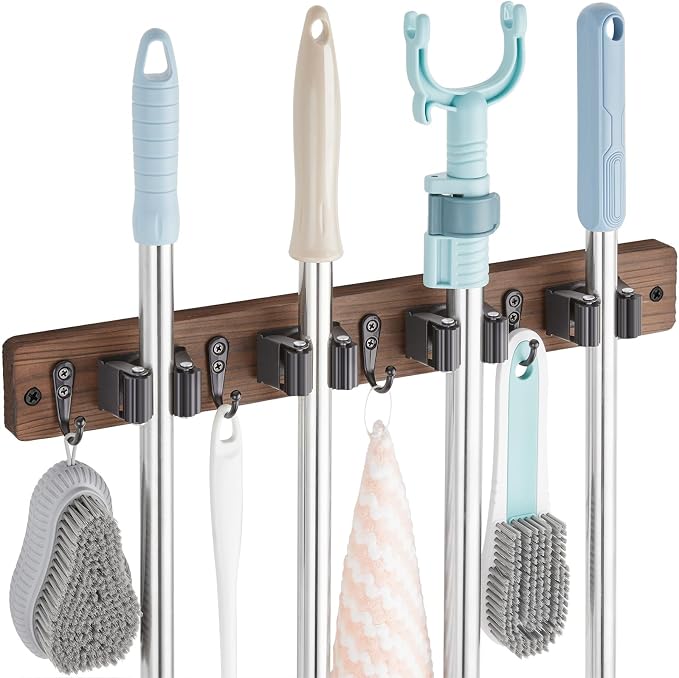 Wood Mop And Broom Holder Wall Mount, 4 Slots And 4 Hooks, Rustic Tool Rack For Garage, Closet, Laundry Room And Kitchen