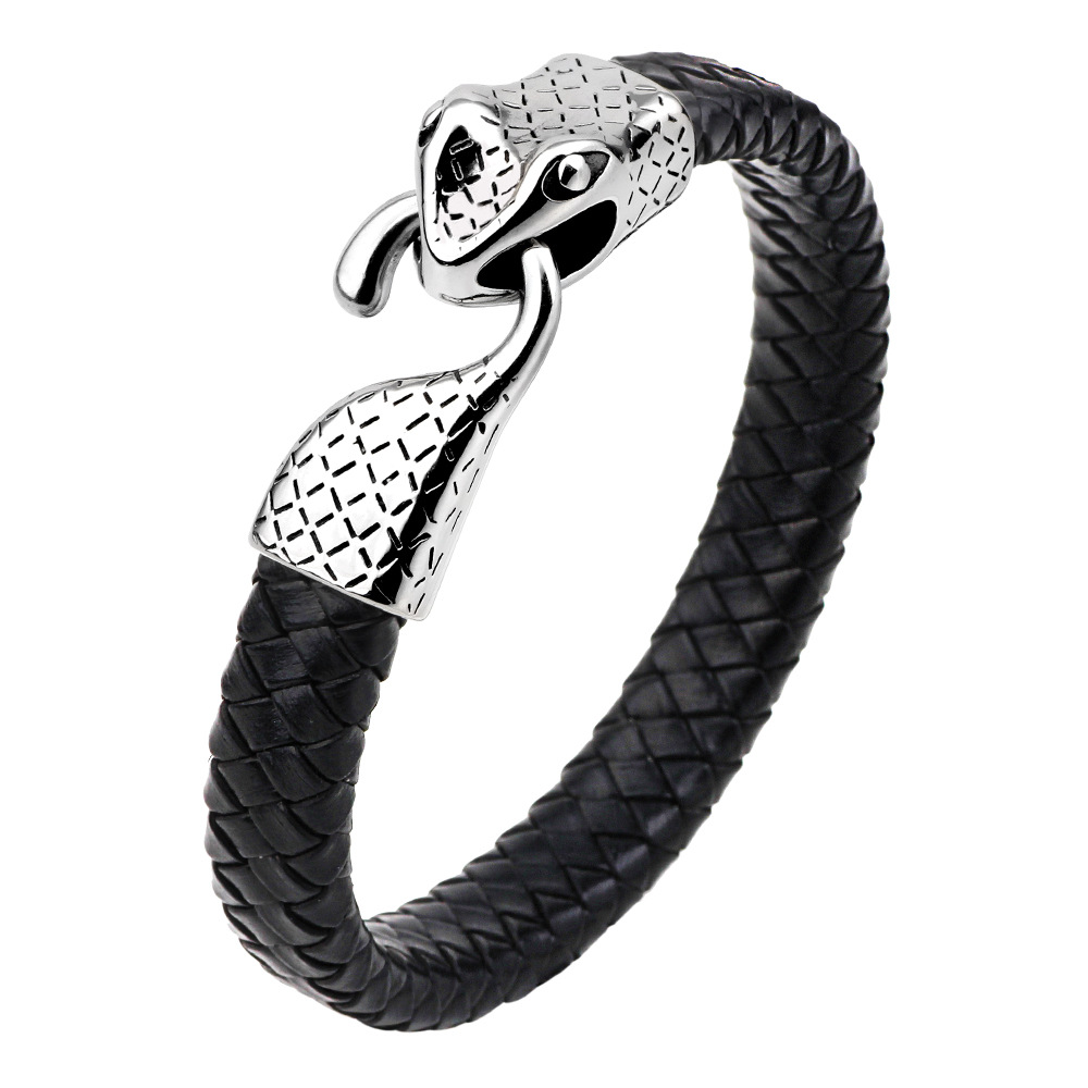 European And American Titanium Steel Snake Head Bracelet Cowhide Woven Ring
