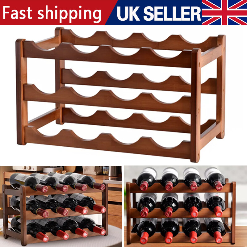 3 Tiers 12 Bottles Wooden Wine Bottle Storage Racks Display Wine Shelves UK