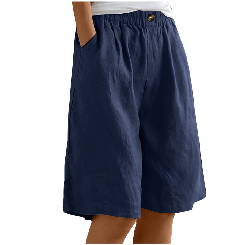 Women's Casual High Waist Loose Fit Solid Color Shorts Button & Elastic Waist With Pockets, Comfortable Summer Shorts Navy Blue - Shop at LoveMi