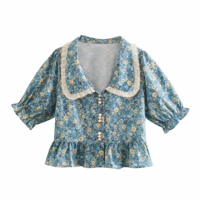 Collar Lace Panel Floral Button Down Shirt As Shown - Shop at LoveMi