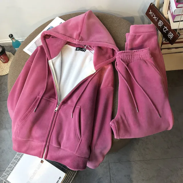 Plush Thickened Zipper Sweater Women's Tide Suit Korean Loose Sports Two piece Suit Rose Red - Shop at LoveMi
