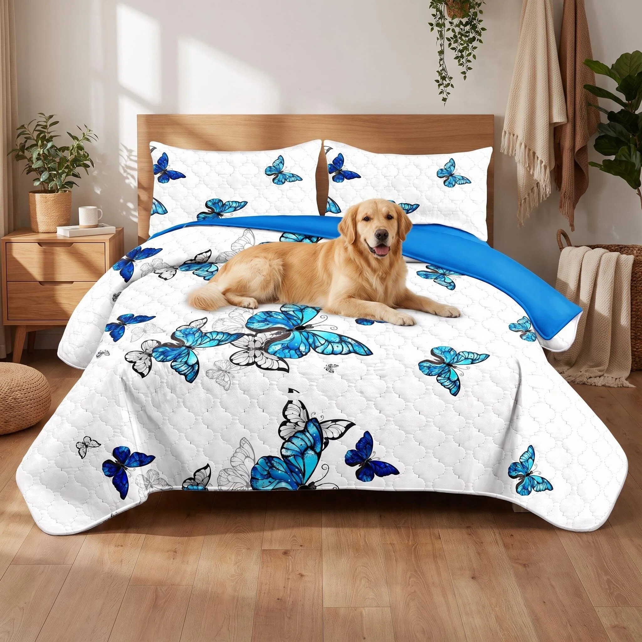 3-Piece Blue Butterfly Quilted Bedspread Set For King And California King
