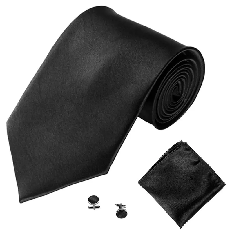 Solid Monochrome Men's Tie Cufflinks Pocket Square Set