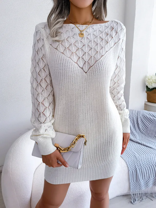 Fashion Hollow Out Off Shoulder Long Sleeve Pullover Sweater Dress White - Shop at LoveMi