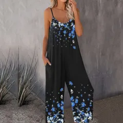 Summer New Style Cross-border Foreign Trade Printed Pocket Casual Jumpsuit - Blue - View 1