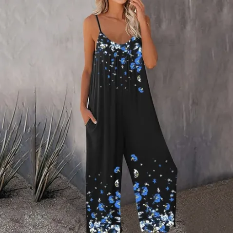 Summer New Style Cross border Foreign Trade Printed Pocket Casual Jumpsuit Blue - Shop at LoveMi