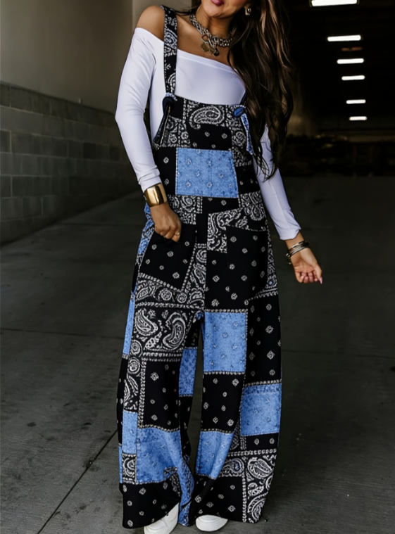 Women's American Retro Color Block Loose Wide-Leg Overalls