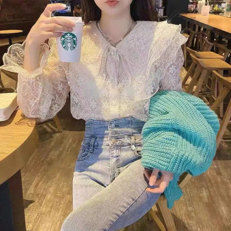 Autumn Fashion Big Lapel Heavy Lace Shirt Female
