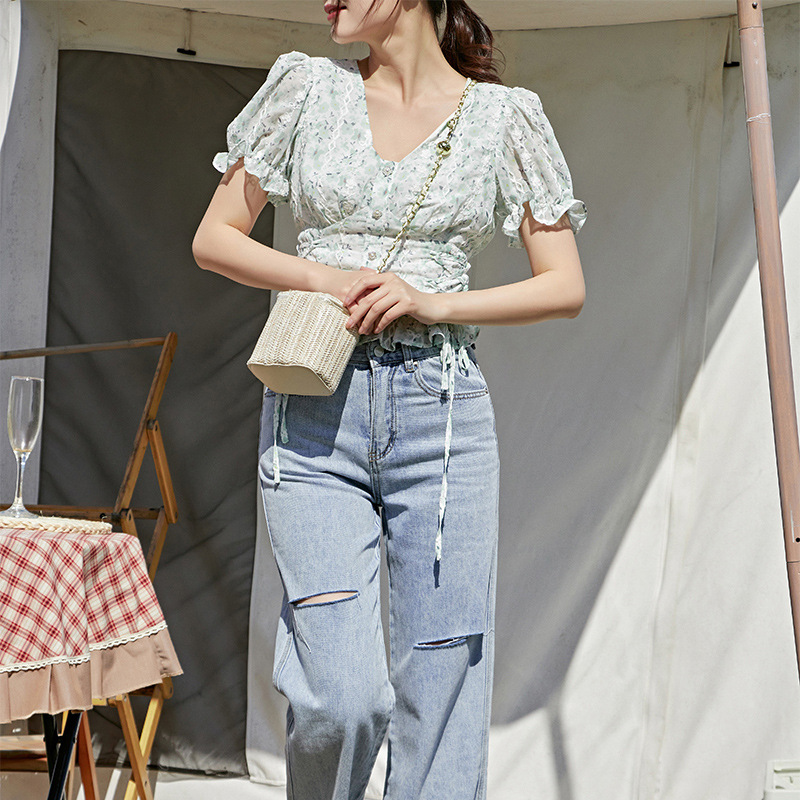 Chiffon Shirt Sweet And  Jacquard Pearl Button Shirt