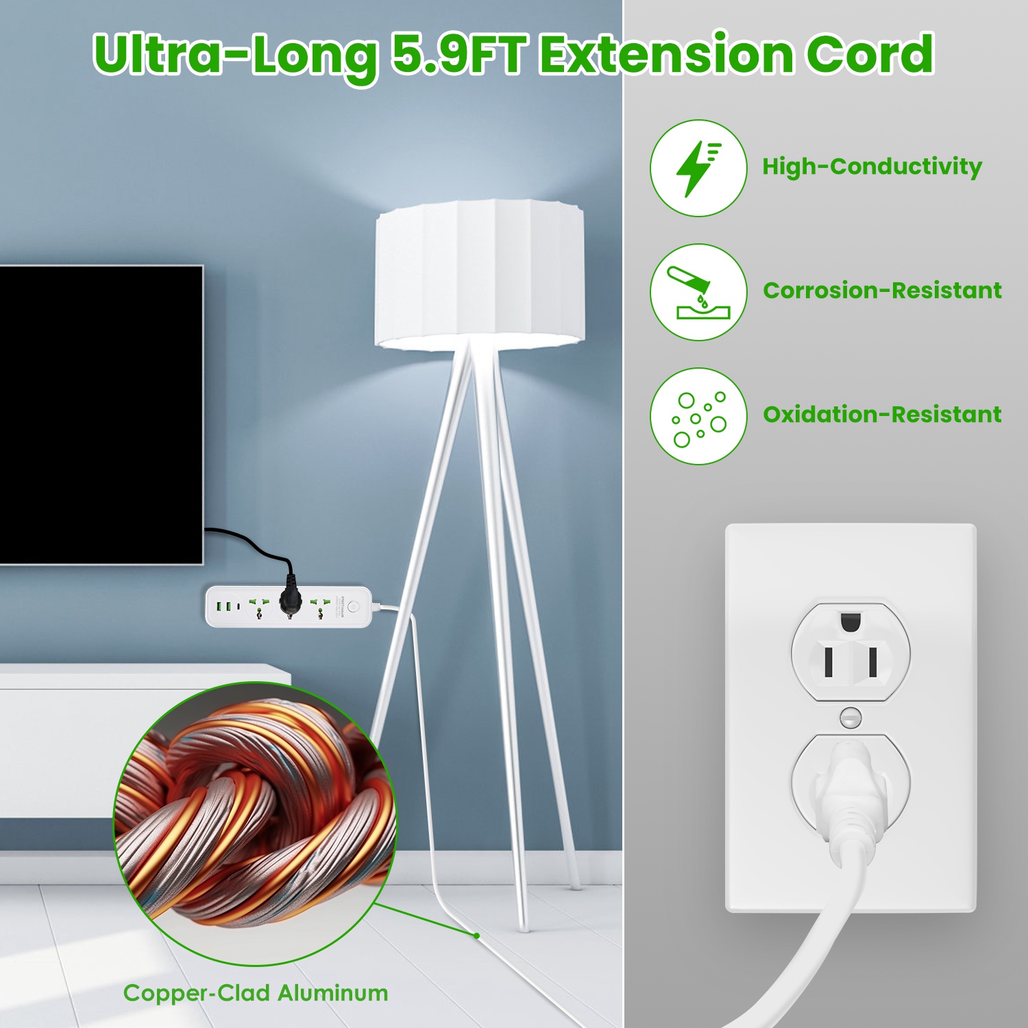 1Pc Power Strip With 6FT Extension Cord 3 AC Outlets And 2 USB A Ports 1 USB C Port 2500W Wall Mount Outlet Extender For Home Office Dorm Travel — foto 8