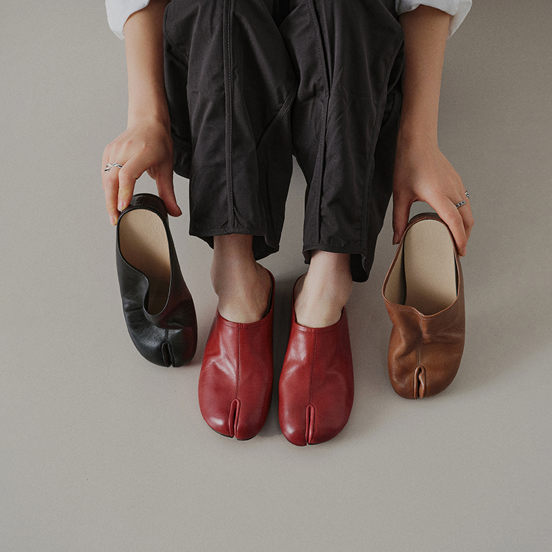 Women's Full Grain Leather Tabi Flats, Split Toe Slip-On Mules For Casual & Daily Wear