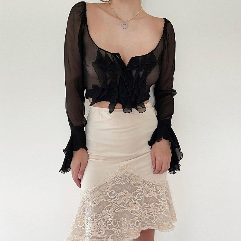 Sexy Square Collar See-through Slim Cardigan T-shirt Women