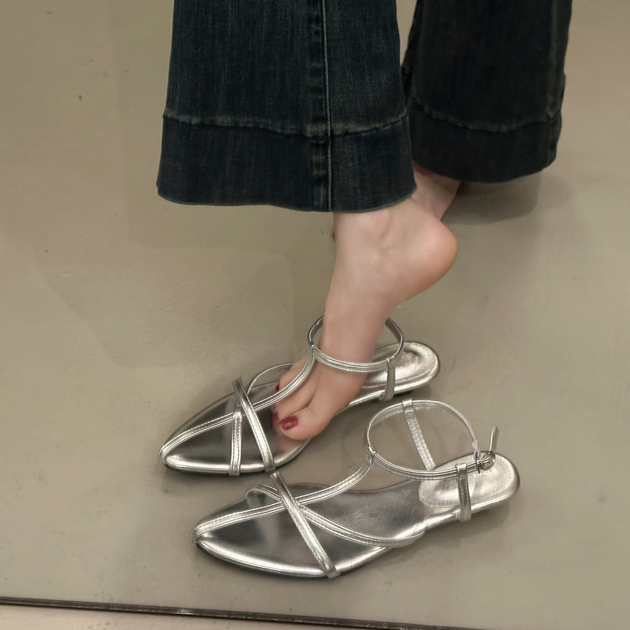Women French Minimalist Crisscross Thin Strap Flat Sandals, Pointed Toe Adjustable Buckle Ankle Wrap Strappy Backless Slip On Casual Daily Summer Mule Slippers — view 6