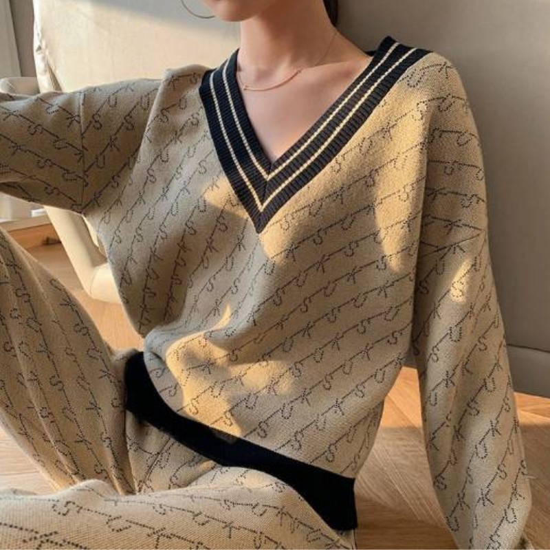 Casual Knitted Wide Leg Pants Suit Women Temperament Sweater Jacquard